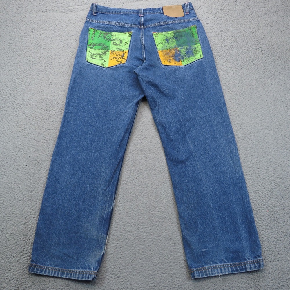 Soulland Vintage Baggy Jeans Mens 38 Blue Y2K Skater Dragon Graphic Wide Leg
